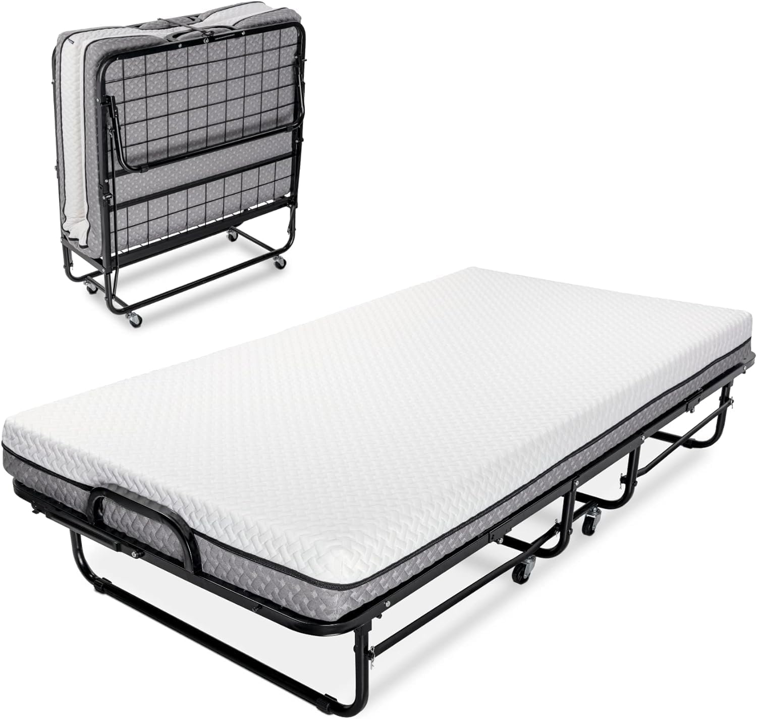 Deluxe Diplomat Folding Bed with Mattress for Adults – Twin Size Portable Foldable Bed with Luxurious Memory Foam Mattress & Heavy Duty Frame, Easy to Store, Ideal for Guest Rooms & Travel