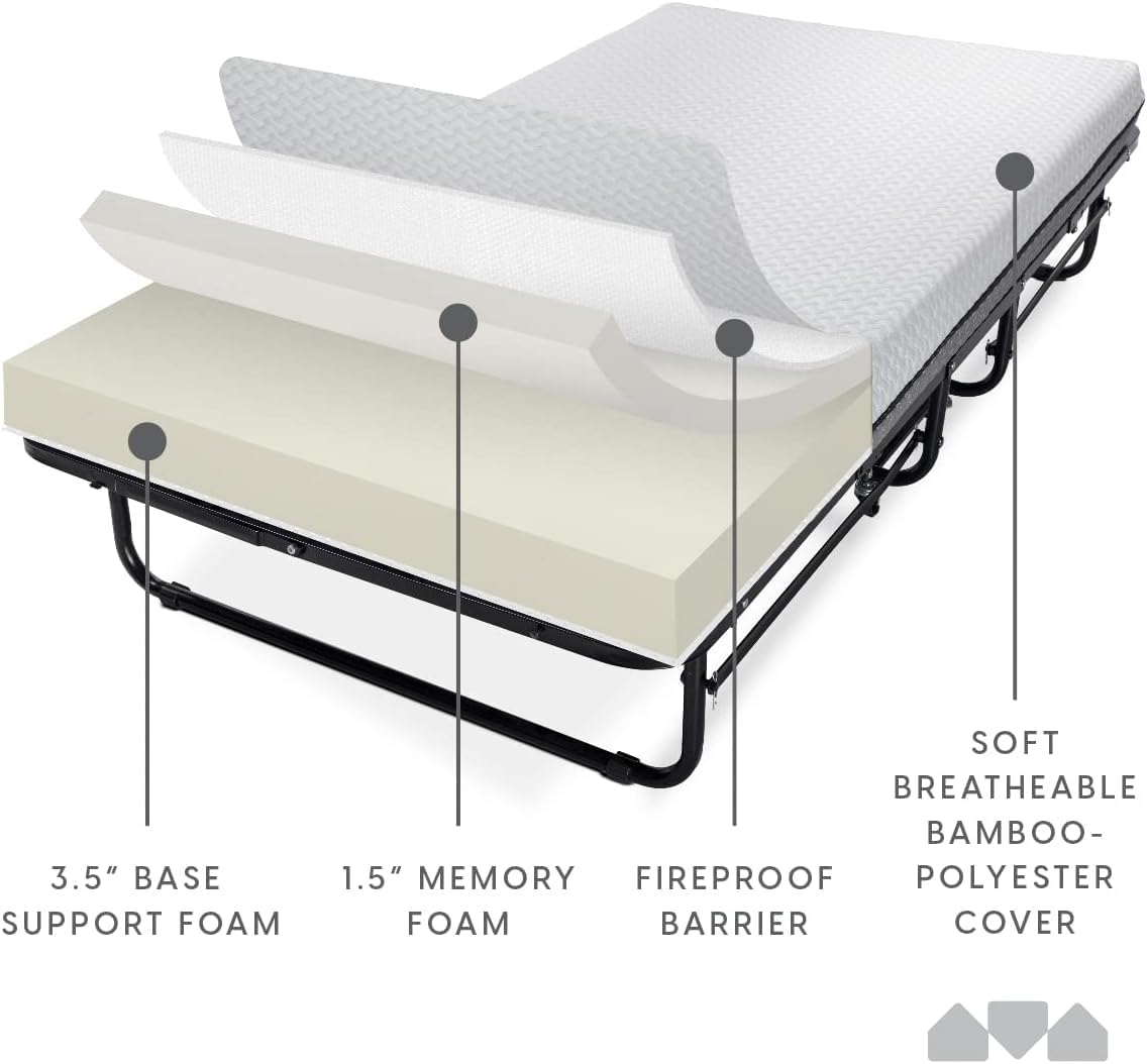 Deluxe Diplomat Folding Bed with Mattress for Adults – Twin Size Portable Foldable Bed with Luxurious Memory Foam Mattress & Heavy Duty Frame, Easy to Store, Ideal for Guest Rooms & Travel