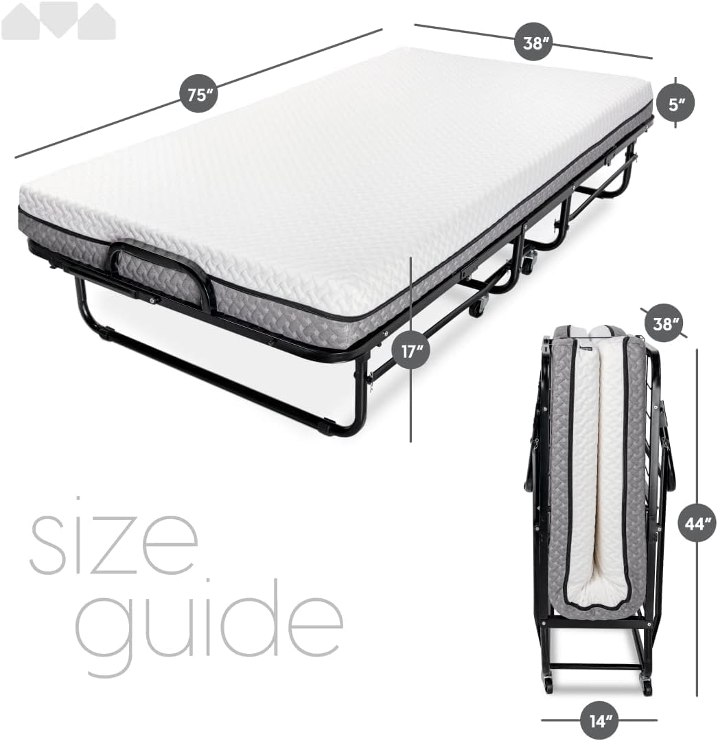 Deluxe Diplomat Folding Bed with Mattress for Adults – Twin Size Portable Foldable Bed with Luxurious Memory Foam Mattress & Heavy Duty Frame, Easy to Store, Ideal for Guest Rooms & Travel