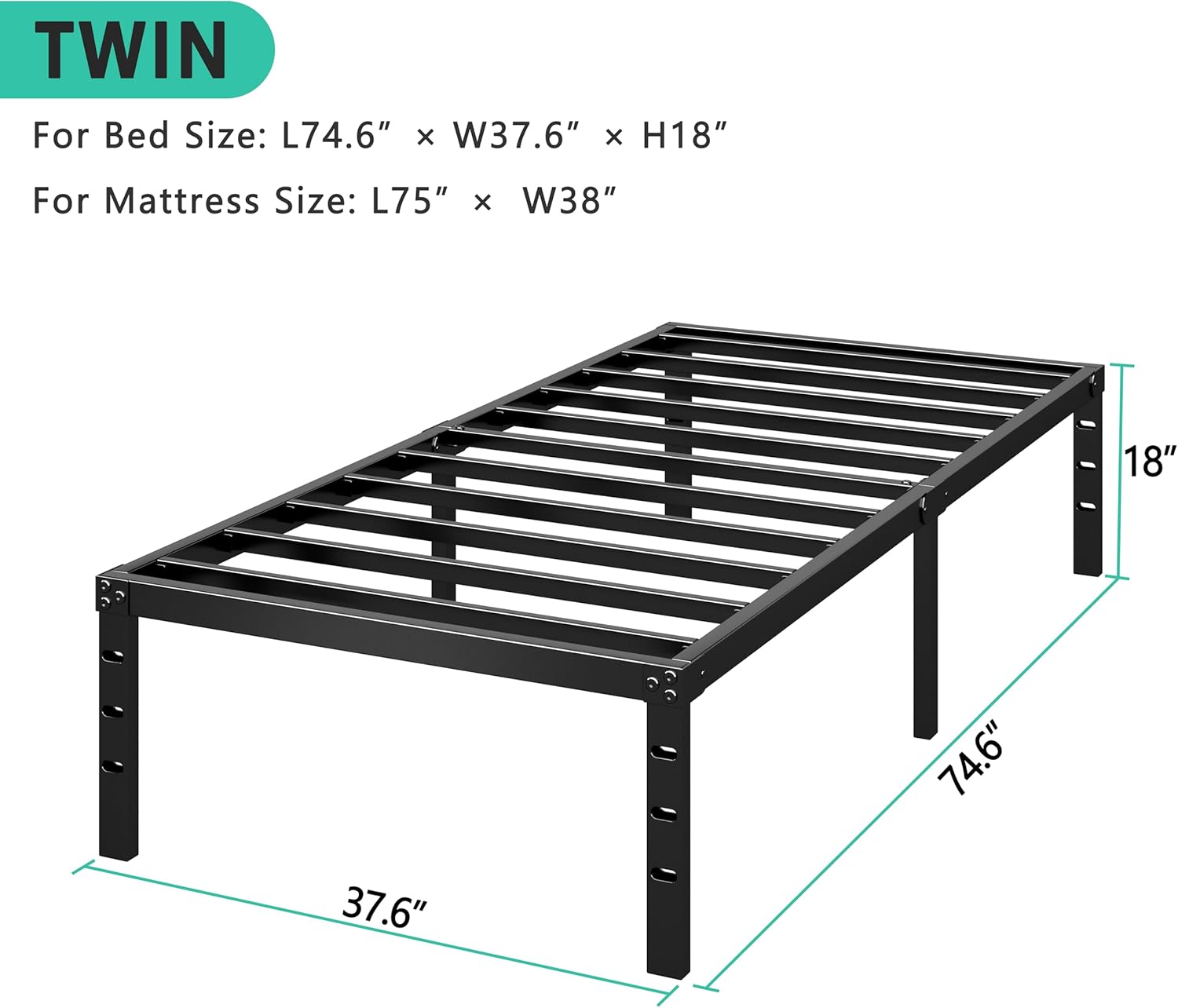 Twin Size Metal Bed Frame โ 14 Inch Platform Bed with Underbed Storage, Heavy Duty Steel Slats, No Box Spring Needed, Easy Assembly, Noise-Free Design, Black