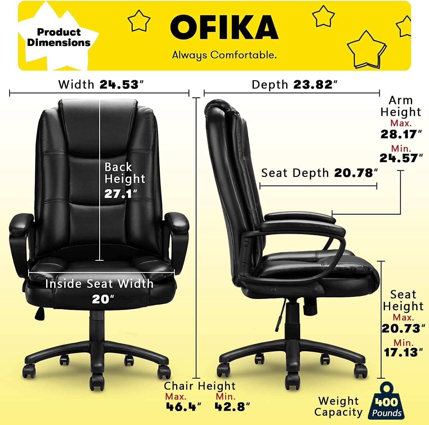Big and Tall Office Chair 400lbs โ Ergonomic High-Back Executive Desk Chair with Lumbar Support, Adjustable Heavy Duty Leather Computer Chair for Home Office & Work