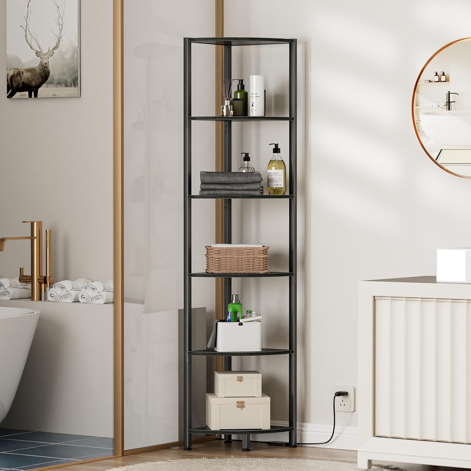 6-Tier Corner Shelf with LED Light β 67.5β Tall Narrow Corner Bookshelf with Metal Frame, Wood Display Rack for Living Room, Bedroom, Office, Black Standing Shelf Organizer for Wall Corners