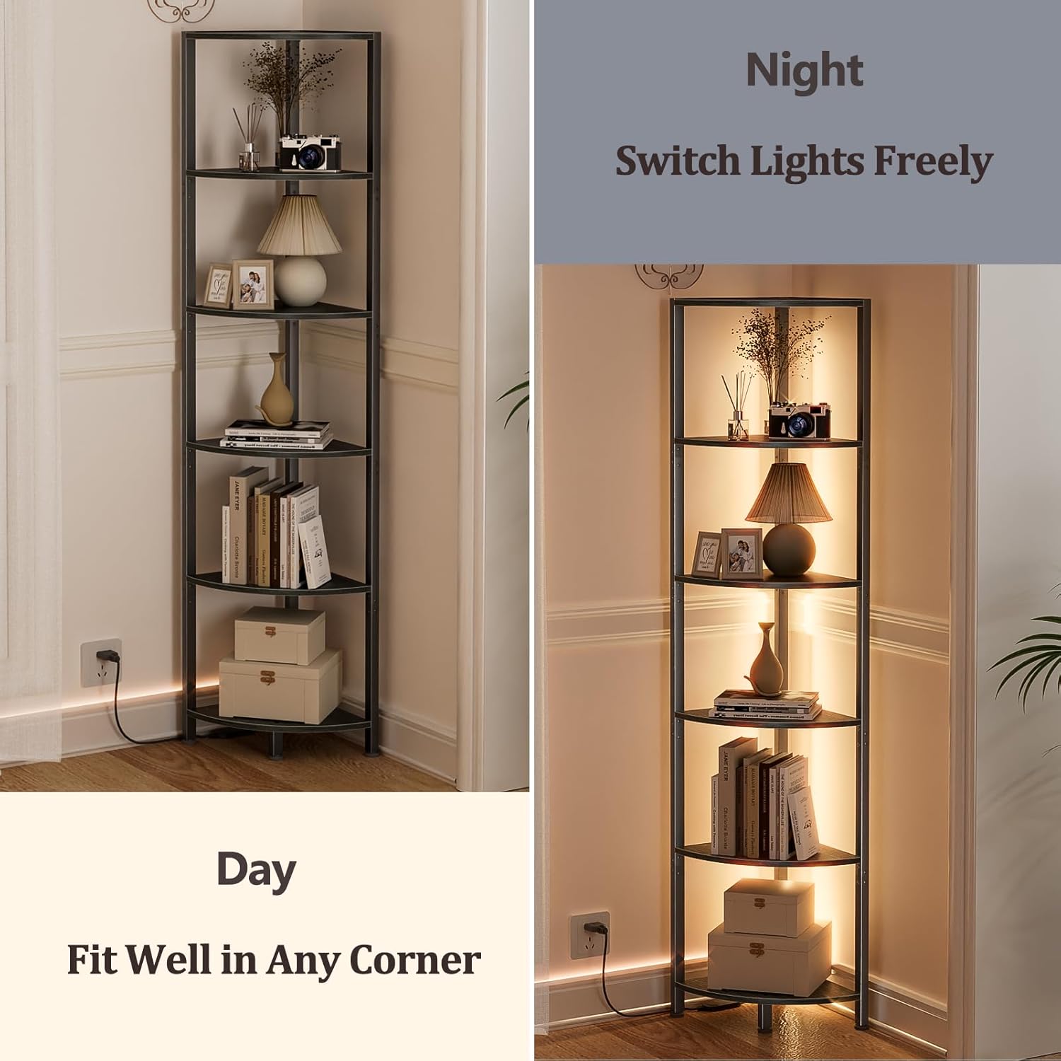 6-Tier Corner Shelf with LED Light β 67.5β Tall Narrow Corner Bookshelf with Metal Frame, Wood Display Rack for Living Room, Bedroom, Office, Black Standing Shelf Organizer for Wall Corners