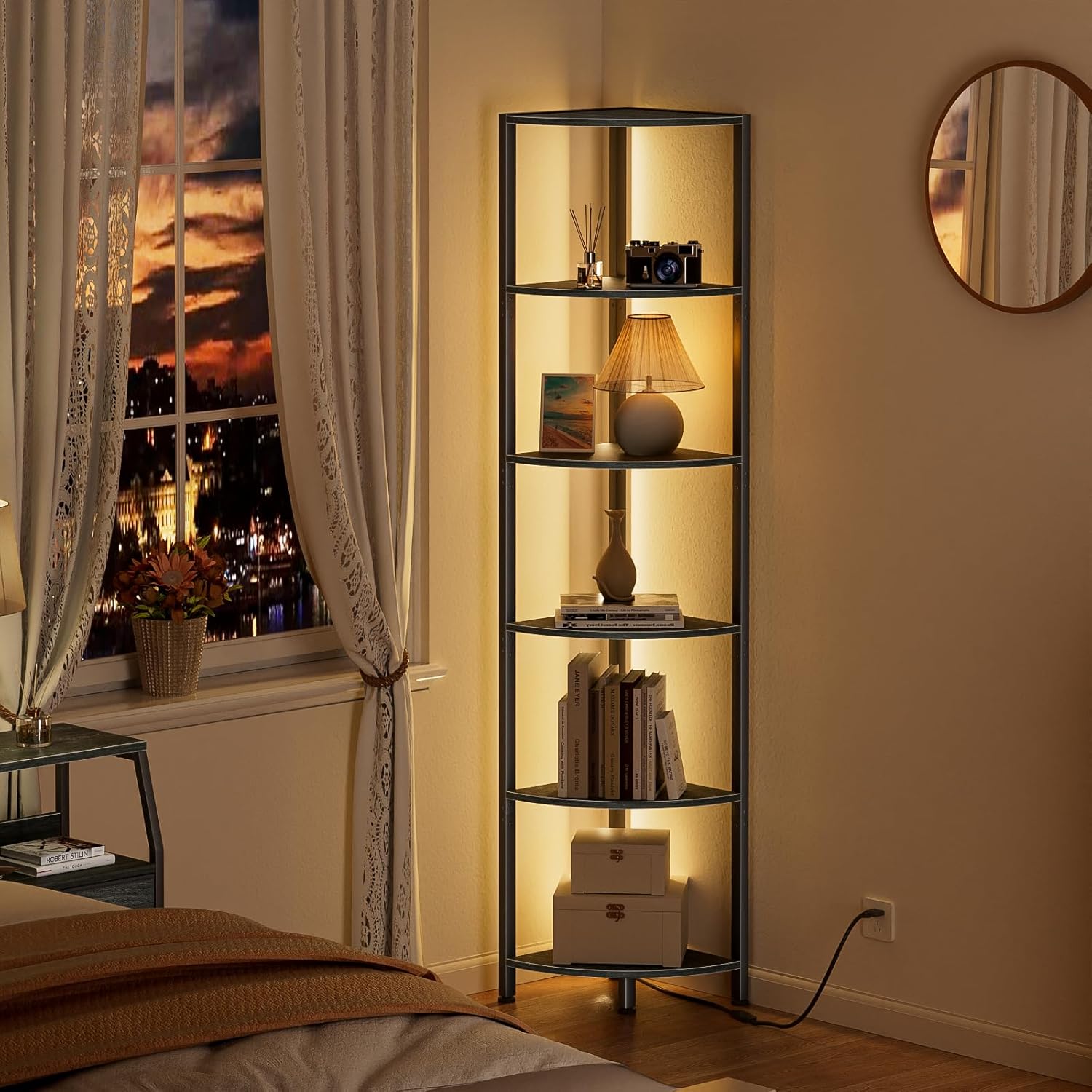 6-Tier Corner Shelf with LED Light β 67.5β Tall Narrow Corner Bookshelf with Metal Frame, Wood Display Rack for Living Room, Bedroom, Office, Black Standing Shelf Organizer for Wall Corners