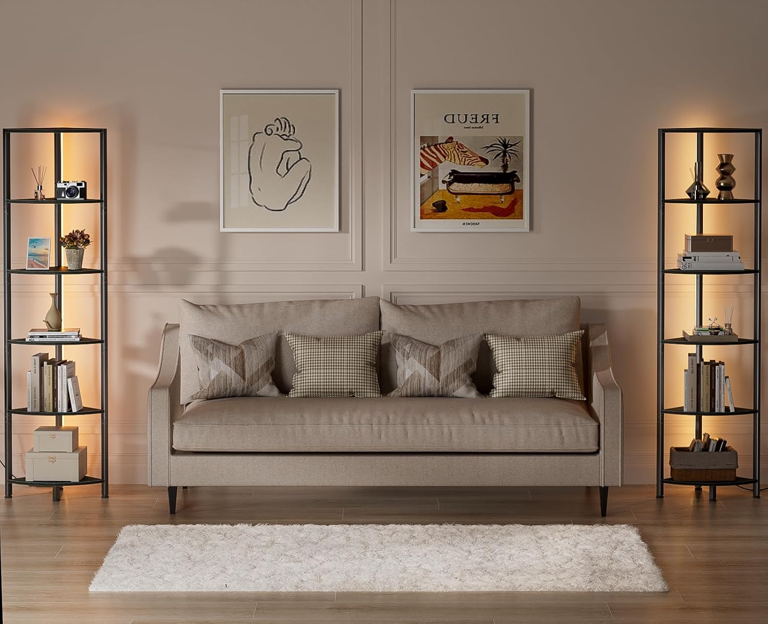 6-Tier Corner Shelf with LED Light β 67.5β Tall Narrow Corner Bookshelf with Metal Frame, Wood Display Rack for Living Room, Bedroom, Office, Black Standing Shelf Organizer for Wall Corners