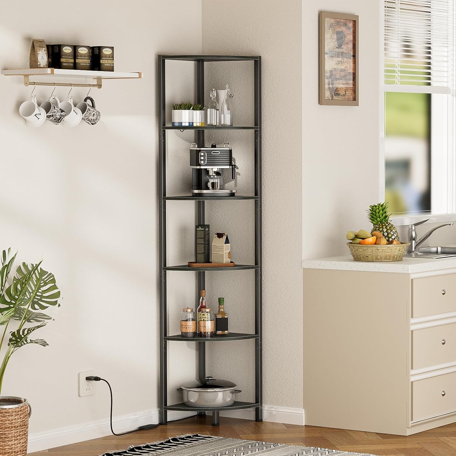 6-Tier Corner Shelf with LED Light β 67.5β Tall Narrow Corner Bookshelf with Metal Frame, Wood Display Rack for Living Room, Bedroom, Office, Black Standing Shelf Organizer for Wall Corners