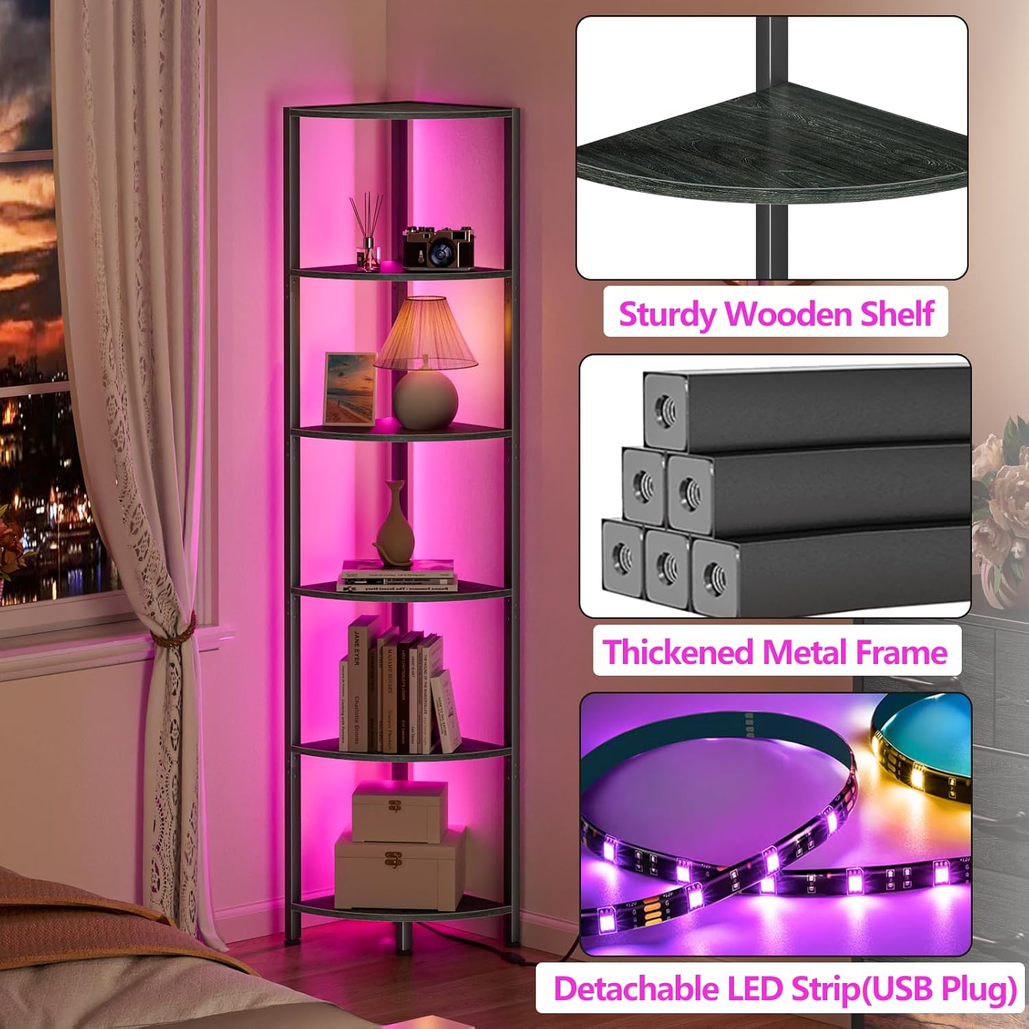 6-Tier Corner Shelf with LED Light β 67.5β Tall Narrow Corner Bookshelf with Metal Frame, Wood Display Rack for Living Room, Bedroom, Office, Black Standing Shelf Organizer for Wall Corners