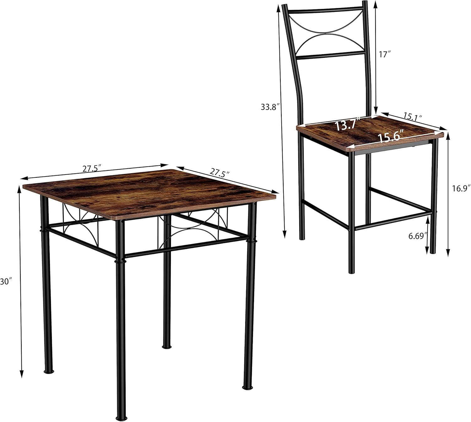 IRON 3-Piece Kitchen Dining Table Set for Small Spaces – Square Iron Wood Table with 2 Chairs, Compact Dining Room Furniture for Apartment, Home, or Kitchen