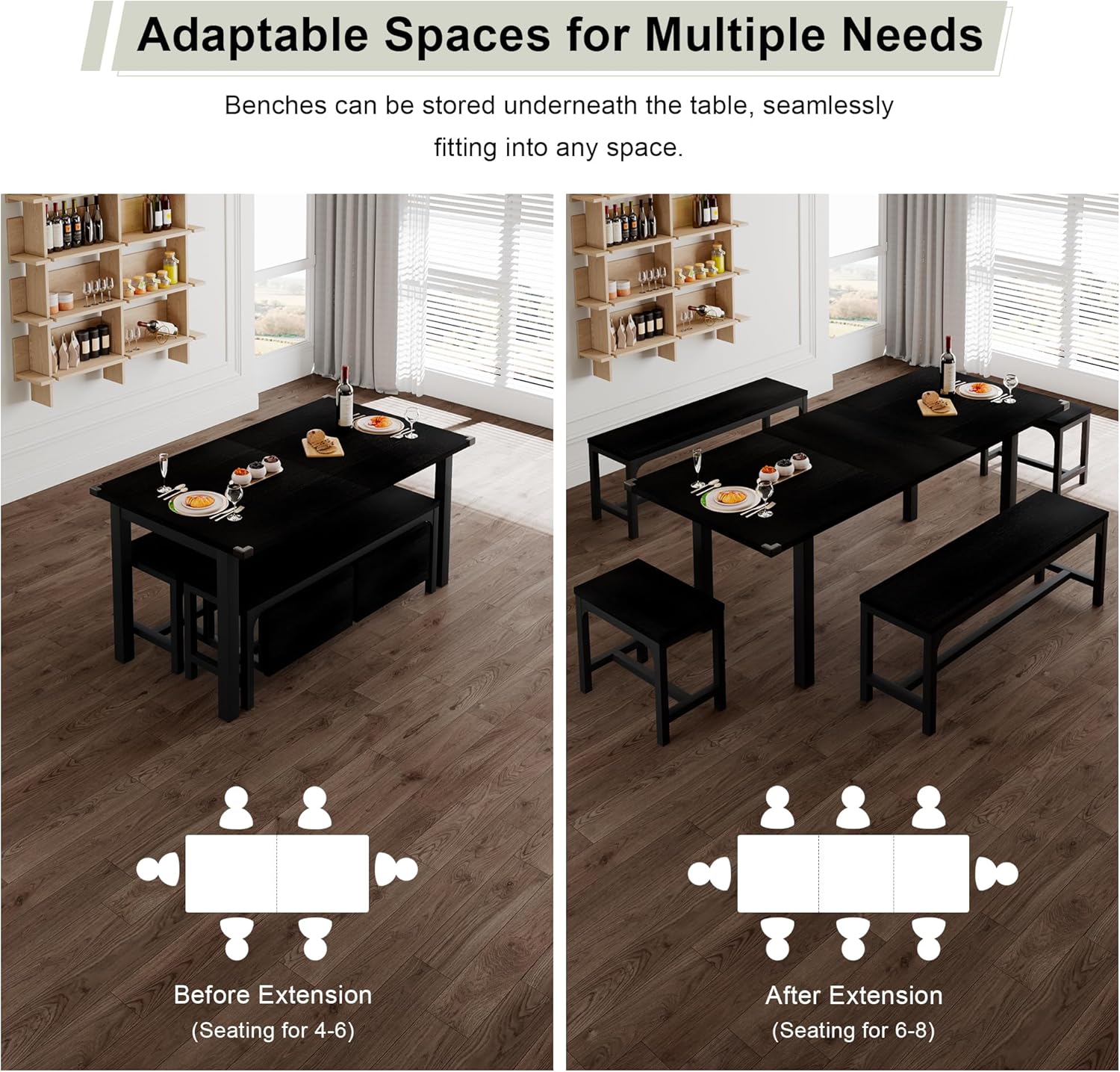 5-Piece Extendable Dining Table Set for 4β8 People β 63β Large Kitchen Table with 2 Benches & 2 Stools, Modern Black Dining Room Table with MDF Wood Top, Easy Assembly, Space-Saving Design