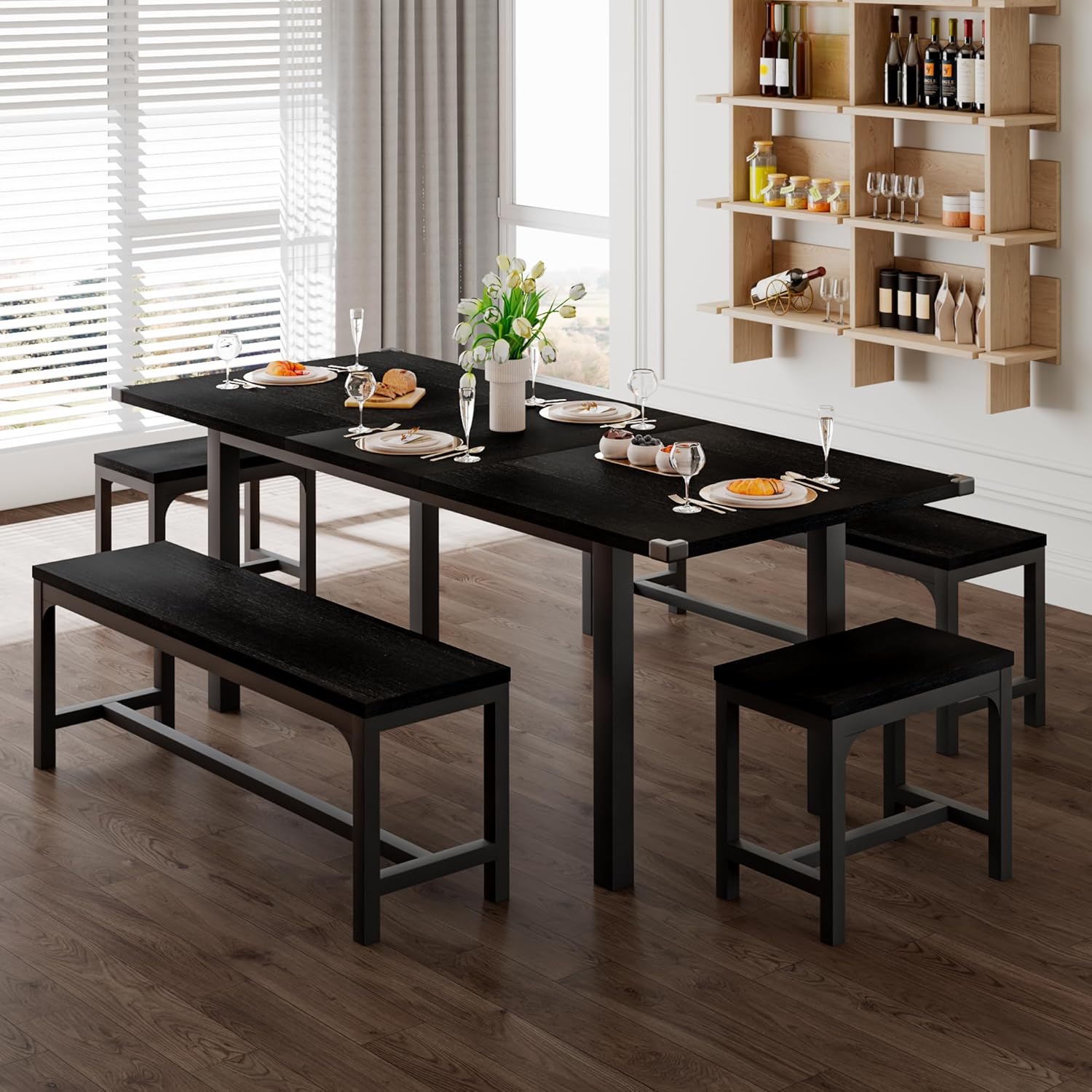 5-Piece Extendable Dining Table Set for 4β8 People β 63β Large Kitchen Table with 2 Benches & 2 Stools, Modern Black Dining Room Table with MDF Wood Top, Easy Assembly, Space-Saving Design