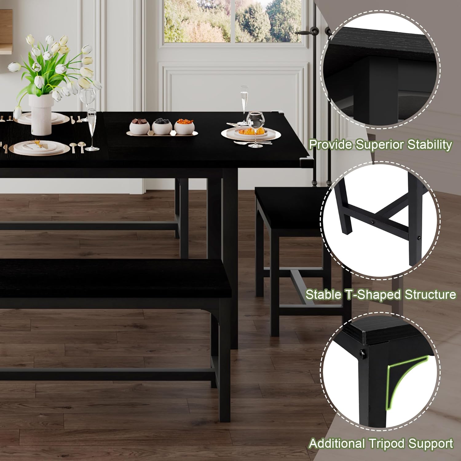 5-Piece Extendable Dining Table Set for 4β8 People β 63β Large Kitchen Table with 2 Benches & 2 Stools, Modern Black Dining Room Table with MDF Wood Top, Easy Assembly, Space-Saving Design
