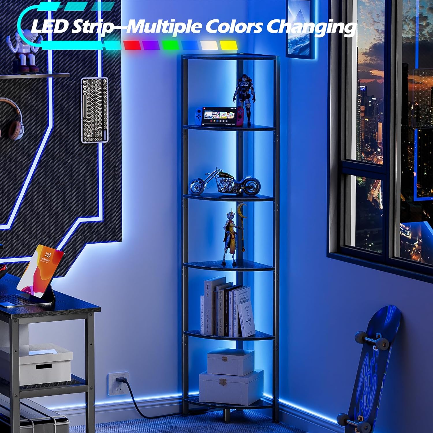 6-Tier Corner Shelf with LED Light β 67.5β Tall Narrow Corner Bookshelf with Metal Frame, Wood Display Rack for Living Room, Bedroom, Office, Black Standing Shelf Organizer for Wall Corners