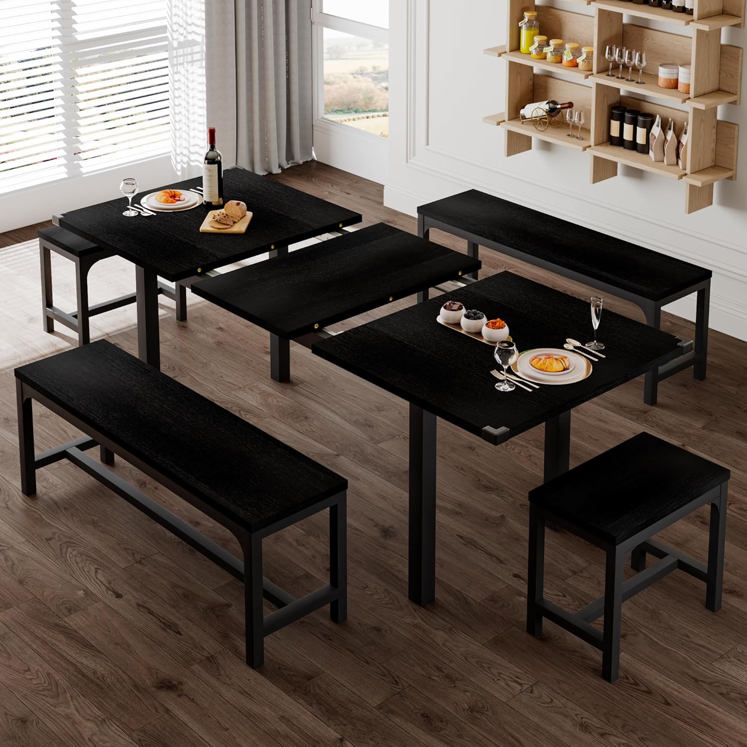 5-Piece Extendable Dining Table Set for 4β8 People β 63β Large Kitchen Table with 2 Benches & 2 Stools, Modern Black Dining Room Table with MDF Wood Top, Easy Assembly, Space-Saving Design