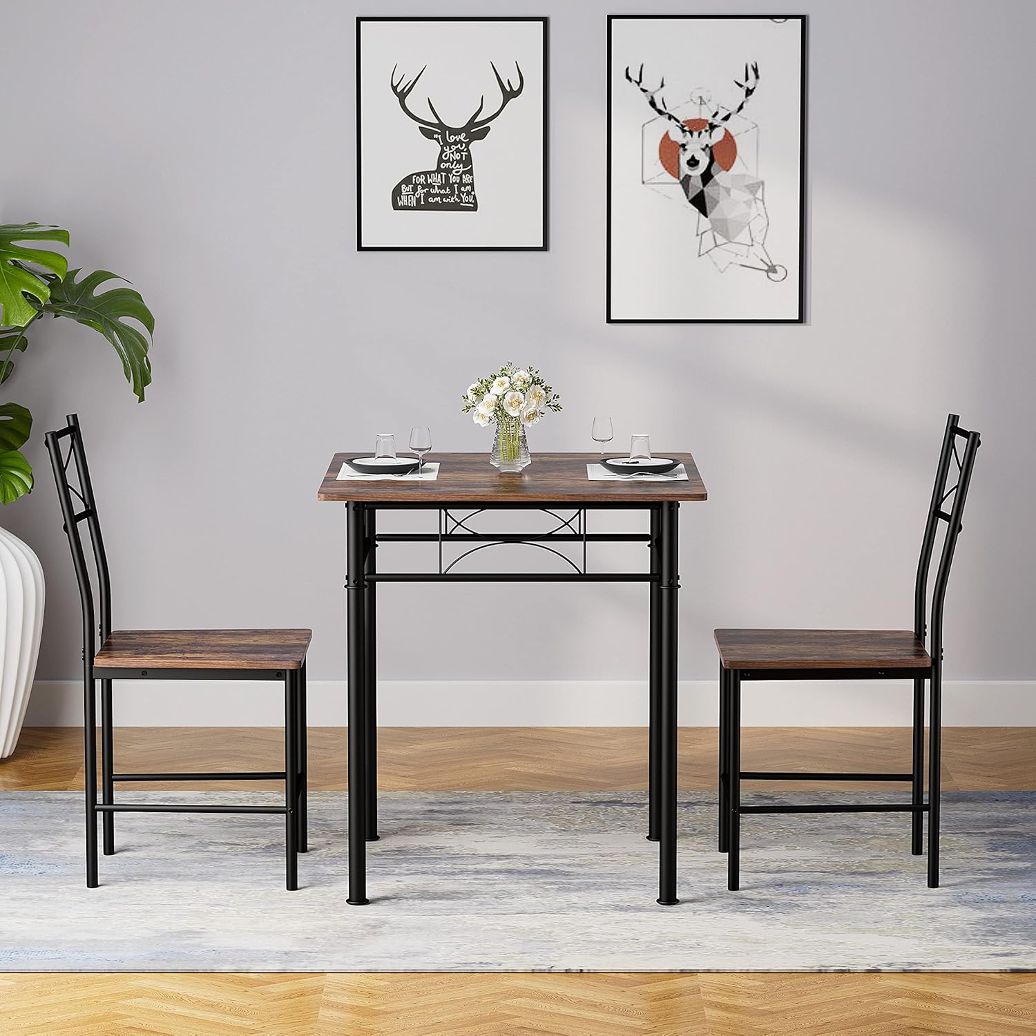 IRON 3-Piece Kitchen Dining Table Set for Small Spaces – Square Iron Wood Table with 2 Chairs, Compact Dining Room Furniture for Apartment, Home, or Kitchen