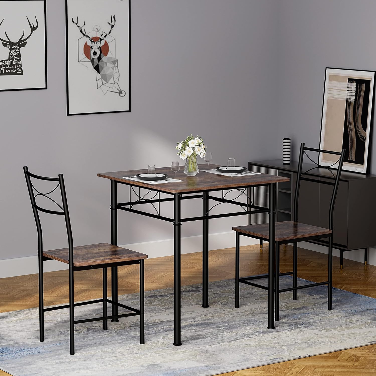 IRON 3-Piece Kitchen Dining Table Set for Small Spaces – Square Iron Wood Table with 2 Chairs, Compact Dining Room Furniture for Apartment, Home, or Kitchen