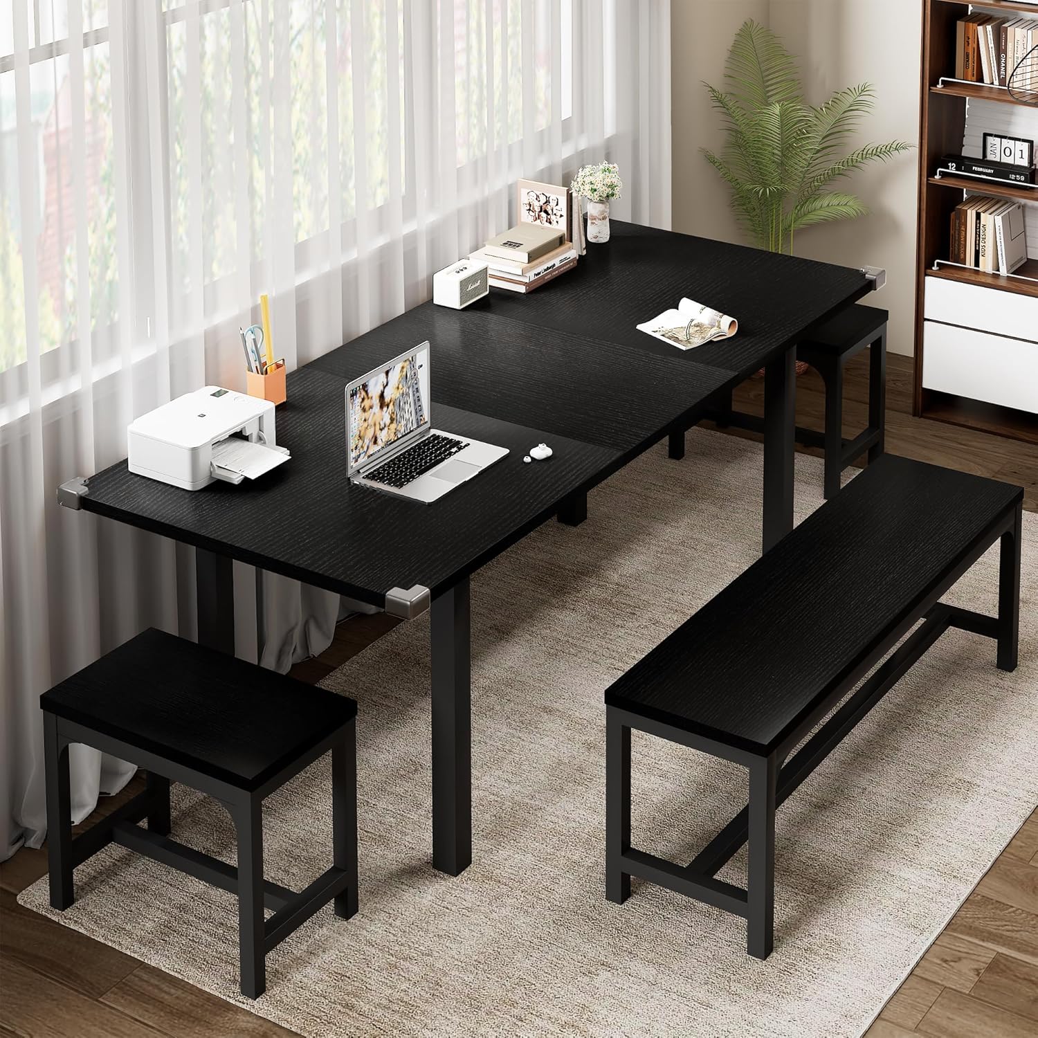 5-Piece Extendable Dining Table Set for 4β8 People β 63β Large Kitchen Table with 2 Benches & 2 Stools, Modern Black Dining Room Table with MDF Wood Top, Easy Assembly, Space-Saving Design