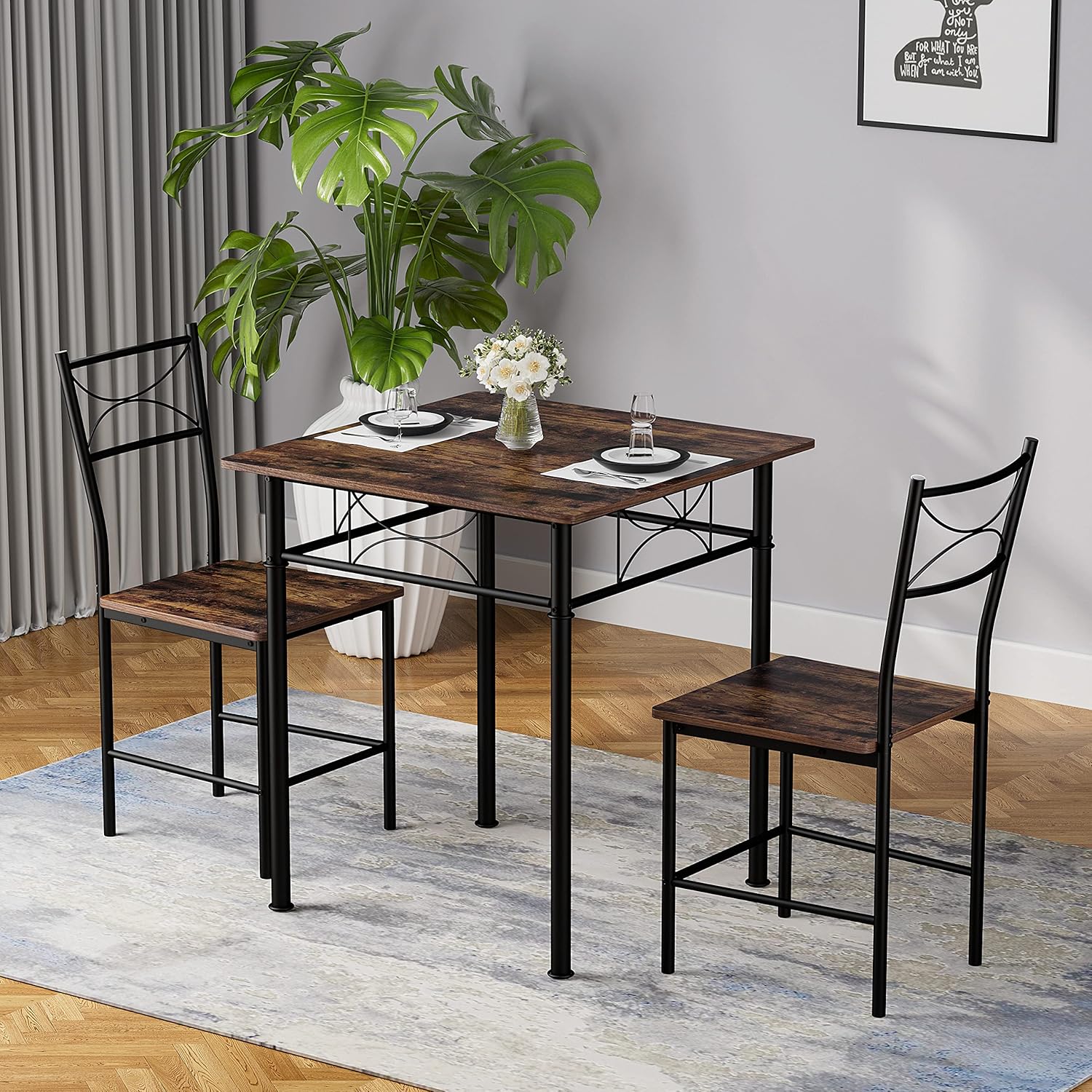 IRON 3-Piece Kitchen Dining Table Set for Small Spaces – Square Iron Wood Table with 2 Chairs, Compact Dining Room Furniture for Apartment, Home, or Kitchen