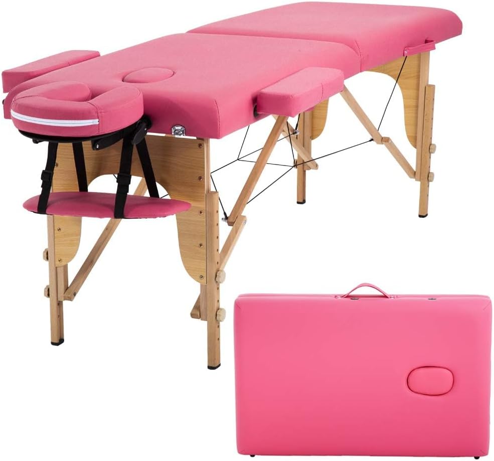 BestMassage Portable Massage Table – 24" Wide 2-Fold Lash Bed, Height Adjustable Spa Table with Non-Woven Carry Bag for Facial, Foot Massage, Tattoo, Salon & Esthetician Use(pink)