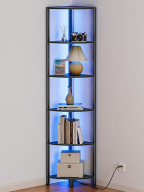 6-Tier Corner Shelf with LED Light – 67.5” Tall Narrow Corner Bookshelf with Metal Frame, Wood Display Rack for Living Room, Bedroom, Office, Black Standing Shelf Organizer for Wall Corners