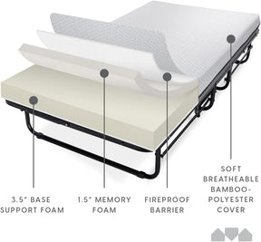 Deluxe Diplomat Folding Bed with Mattress for Adults – Twin Size Portable Foldable Bed with Luxurious Memory Foam Mattress & Heavy Duty Frame, Easy to Store, Ideal for Guest Rooms & Travel
