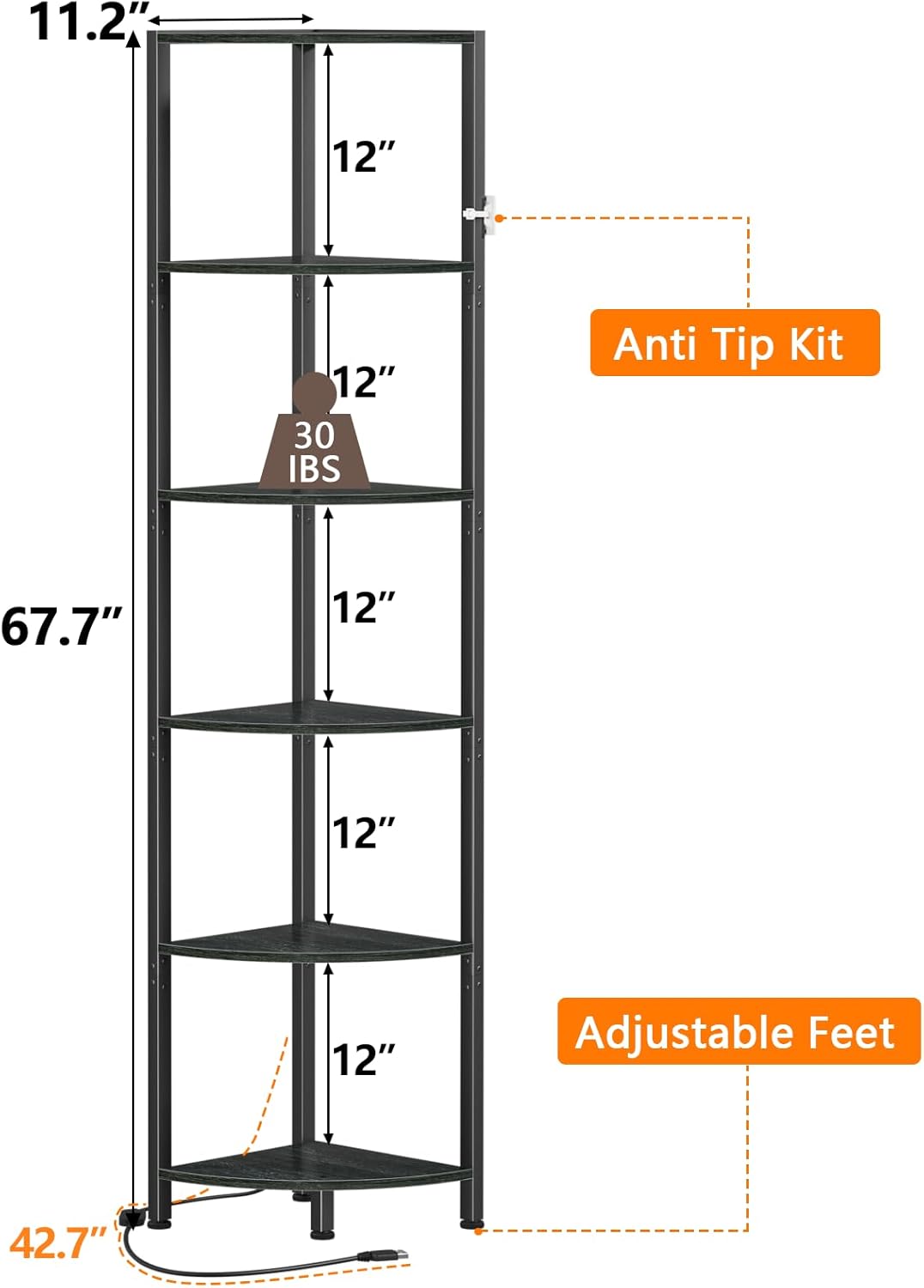 6-Tier Corner Shelf with LED Light – 67.5” Tall Narrow Corner Bookshelf with Metal Frame, Wood Display Rack for Living Room, Bedroom, Office, Black Standing Shelf Organizer for Wall Corners