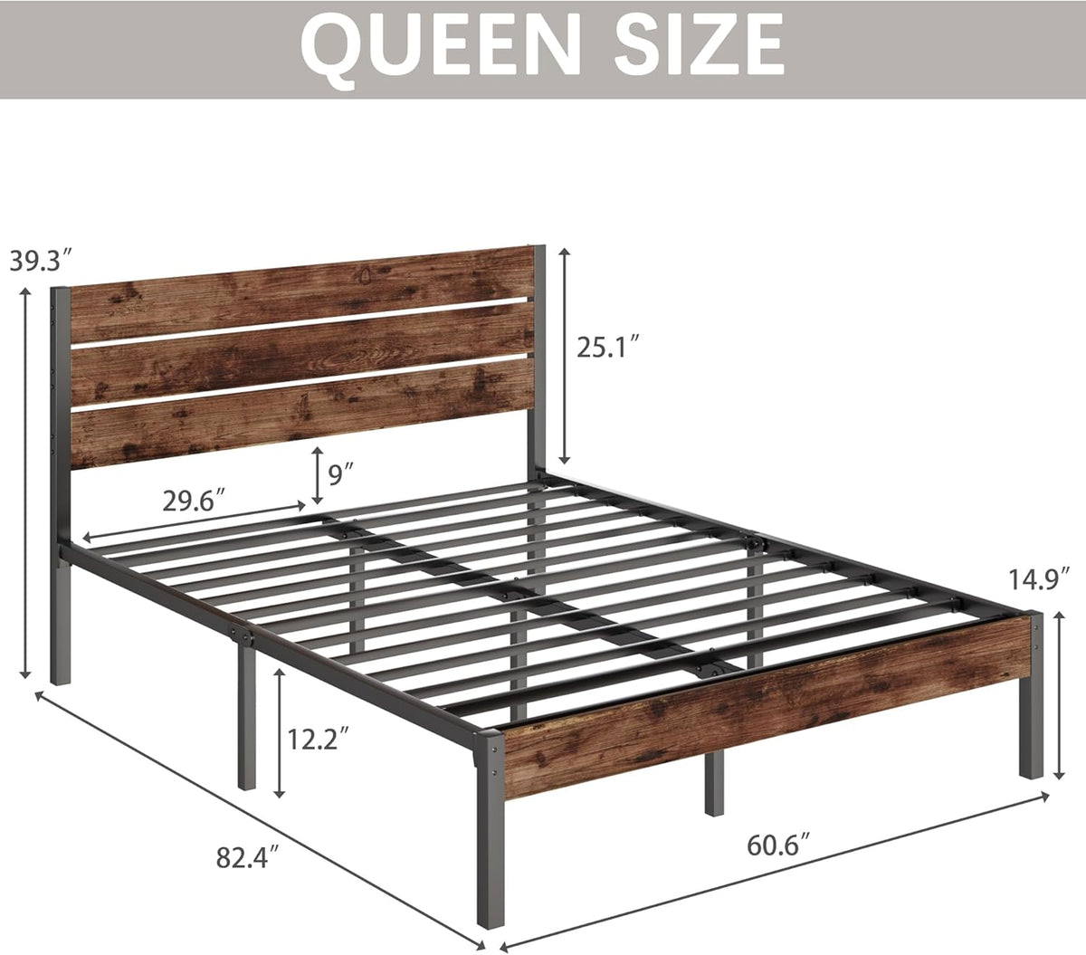 Queen Bed Frame with Headboard and Footboard – Rustic Brown Metal Platform Bed with Underbed Storage, No Box Spring Needed, All-Metal Support, Easy Assembly