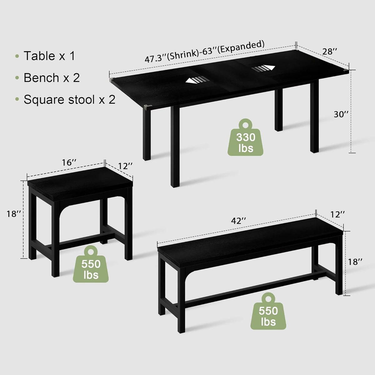 5-Piece Extendable Dining Table Set for 4–8 People – 63” Large Kitchen Table with 2 Benches & 2 Stools, Modern Black Dining Room Table with MDF Wood Top, Easy Assembly, Space-Saving Design