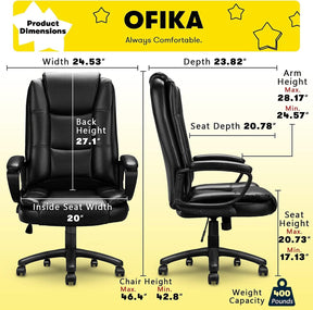 Big and Tall Office Chair 400lbs – Ergonomic High-Back Executive Desk Chair with Lumbar Support, Adjustable Heavy Duty Leather Computer Chair for Home Office & Work