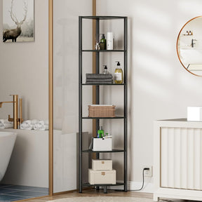 6-Tier Corner Shelf with LED Light – 67.5” Tall Narrow Corner Bookshelf with Metal Frame, Wood Display Rack for Living Room, Bedroom, Office, Black Standing Shelf Organizer for Wall Corners