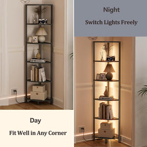 6-Tier Corner Shelf with LED Light – 67.5” Tall Narrow Corner Bookshelf with Metal Frame, Wood Display Rack for Living Room, Bedroom, Office, Black Standing Shelf Organizer for Wall Corners