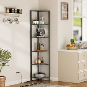 6-Tier Corner Shelf with LED Light – 67.5” Tall Narrow Corner Bookshelf with Metal Frame, Wood Display Rack for Living Room, Bedroom, Office, Black Standing Shelf Organizer for Wall Corners