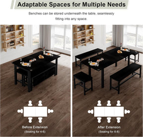 5-Piece Extendable Dining Table Set for 4–8 People – 63” Large Kitchen Table with 2 Benches & 2 Stools, Modern Black Dining Room Table with MDF Wood Top, Easy Assembly, Space-Saving Design