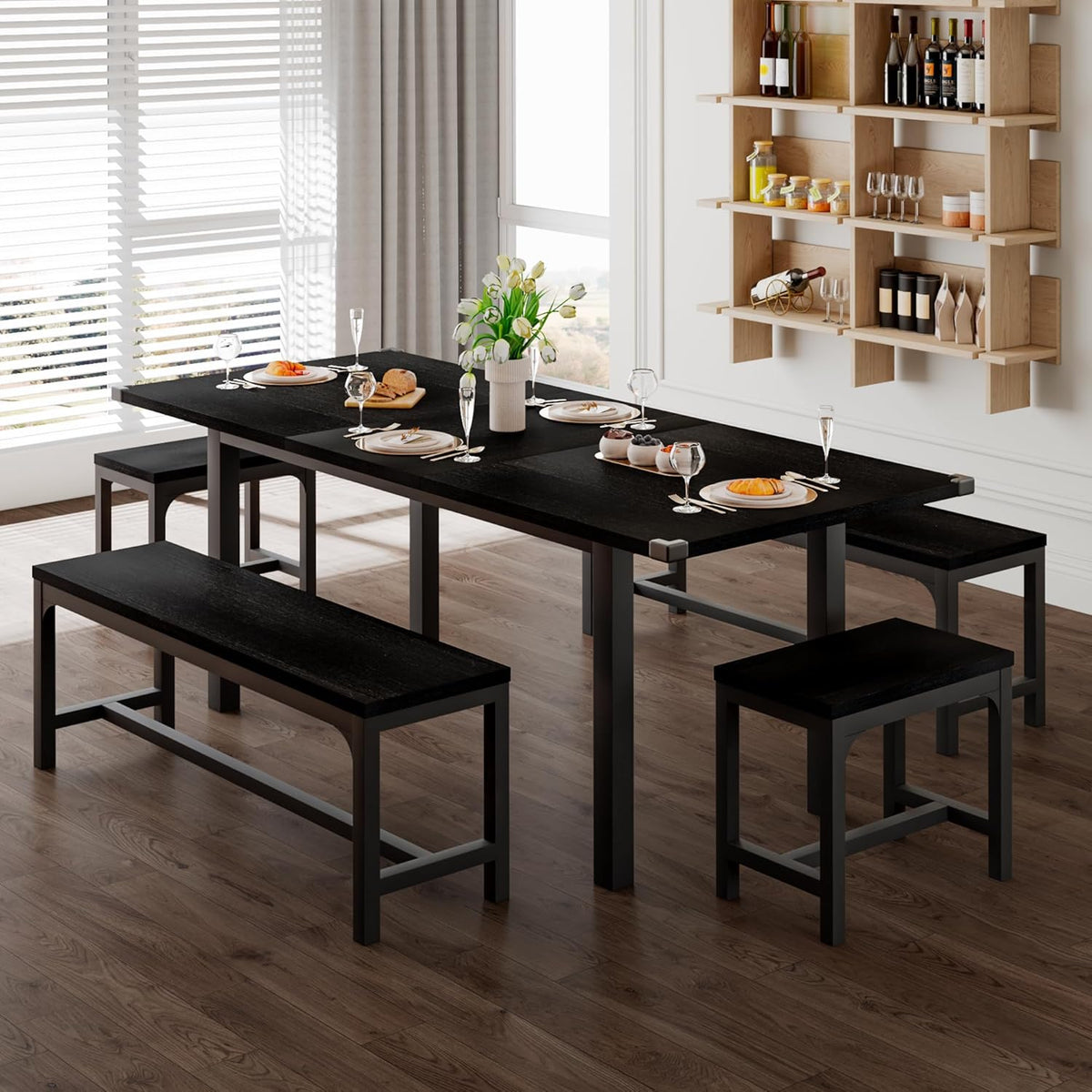 5-Piece Extendable Dining Table Set for 4–8 People – 63” Large Kitchen Table with 2 Benches & 2 Stools, Modern Black Dining Room Table with MDF Wood Top, Easy Assembly, Space-Saving Design