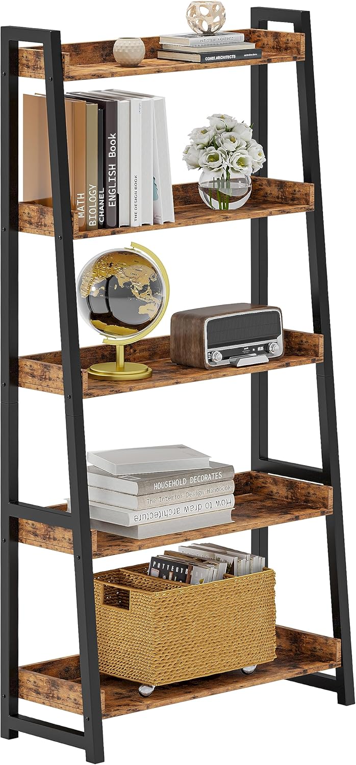 5-Tier Industrial Bookshelf – 31.5" Wide Rustic Bookcase with Metal Frame, Ladder Storage Shelf for Living Room, Bedroom, or Home Office, Tall Freestanding Shelf Unit, Vintage Wood Finish
