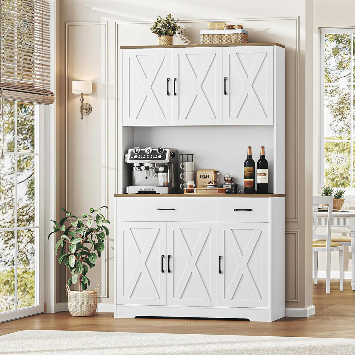 HOSTACK 71" Farmhouse Kitchen Pantry Cabinet with Charging Station – Tall Microwave Stand Storage Hutch with Drawers, Adjustable Shelves & Cabinet Doors for Kitchen, Dining Room or Coffee Bar