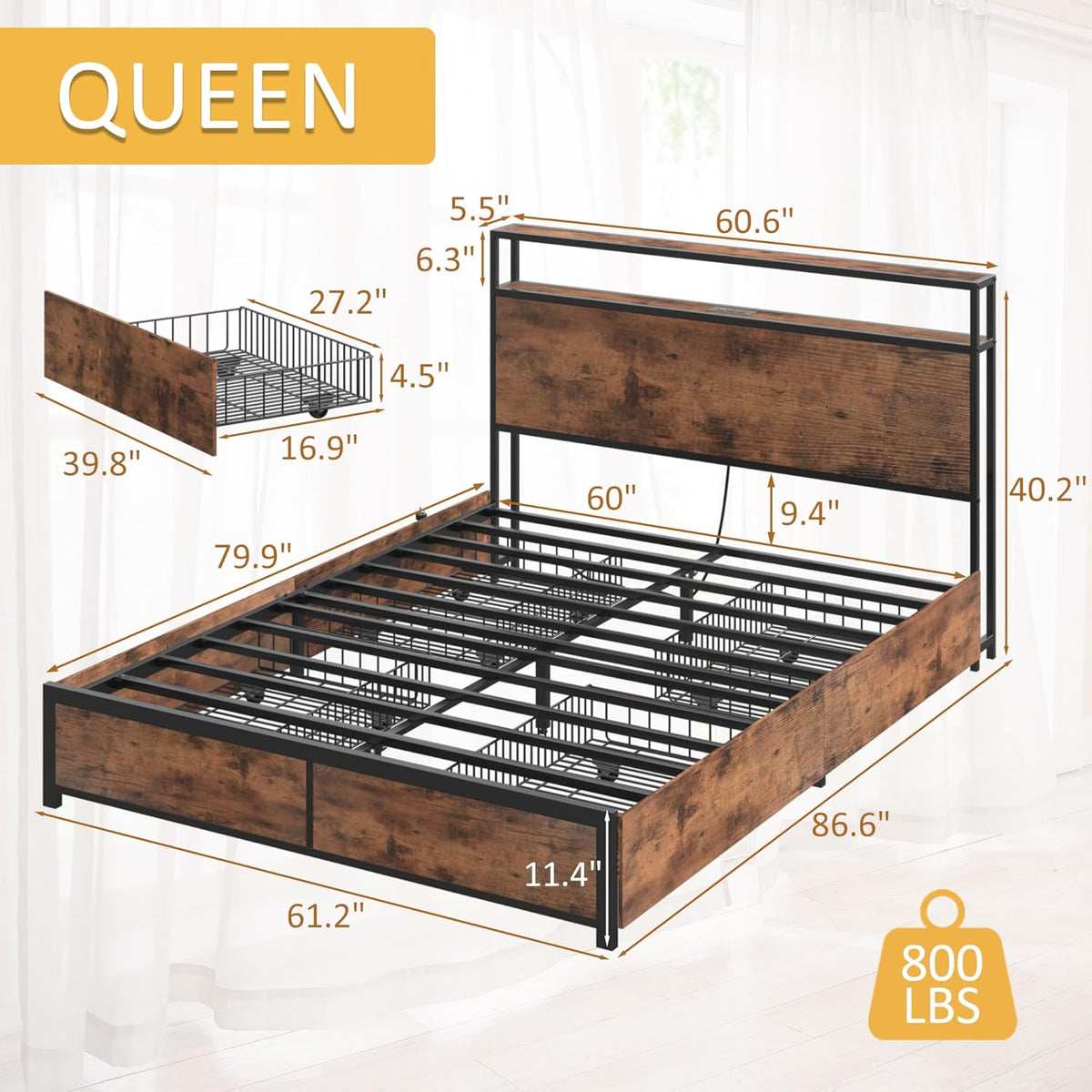 Queen Bed Frame with Storage Headboard, LED Lights, USB Charging Station, 4 Drawers – Metal Platform Bed with No Box Spring Needed, Noise-Free Design, Vintage Brown