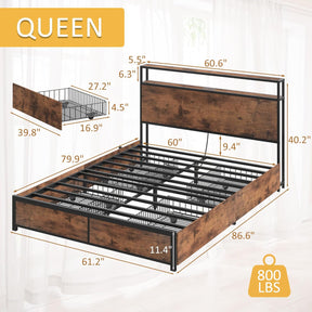 Queen Bed Frame with Storage Headboard, LED Lights, USB Charging Station, 4 Drawers – Metal Platform Bed with No Box Spring Needed, Noise-Free Design, Vintage Brown