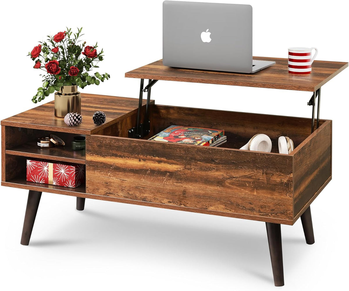 Lift Top Coffee Table with Hidden Storage Compartment – Rustic Oak Wood Living Room Table with Adjustable Shelf, Pop-Up Tabletop for Dining, Work, Home or Office
