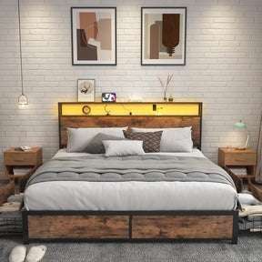 Queen Bed Frame with Storage Headboard, LED Lights, USB Charging Station, 4 Drawers – Metal Platform Bed with No Box Spring Needed, Noise-Free Design, Vintage Brown