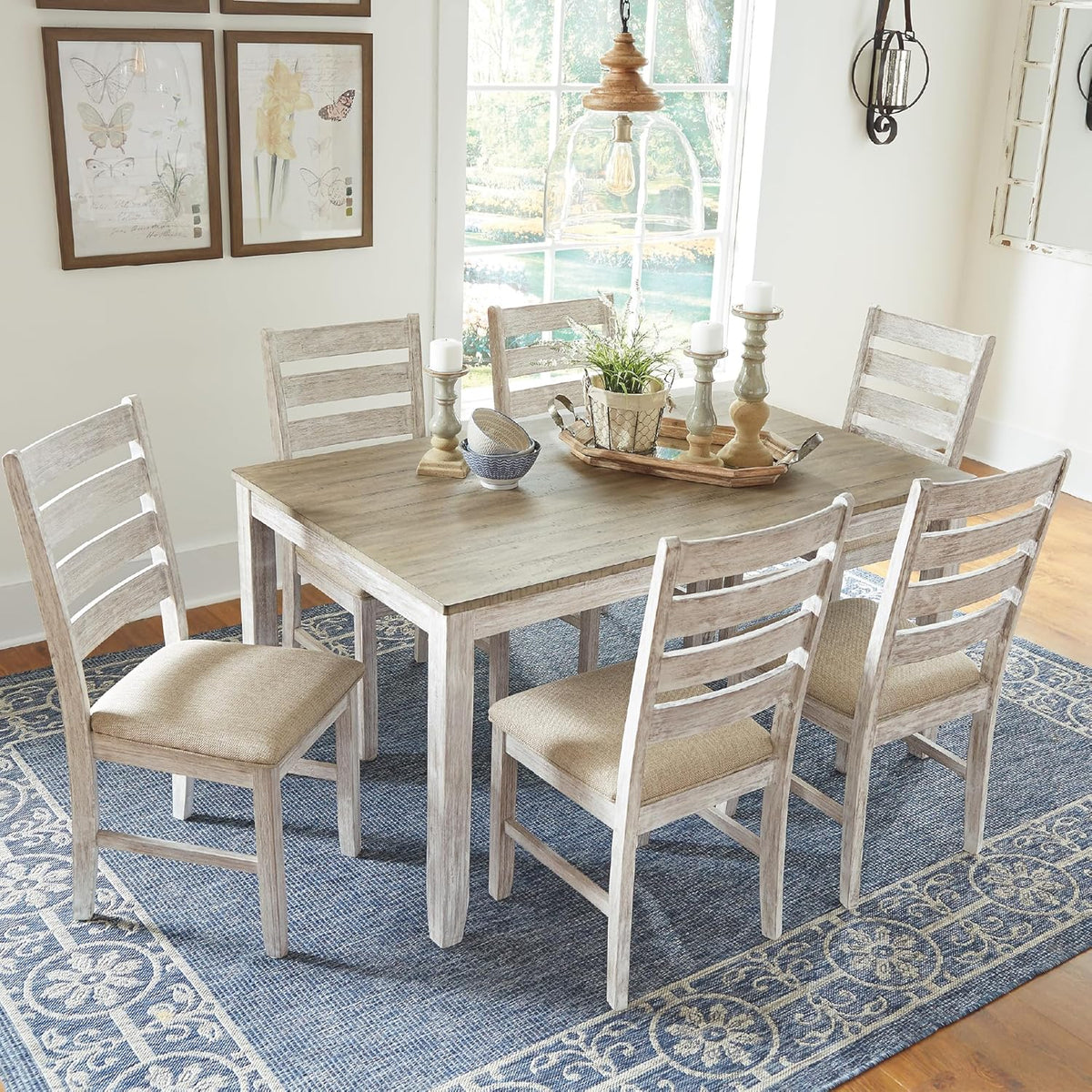 FozeCraft Signature Design by Ashley Skempton Cottage Dining Table Set with 6 Upholstered Chairs – Whitewash Wood Dining Room Set, Classic Farmhouse Style for Home or Kitchen
