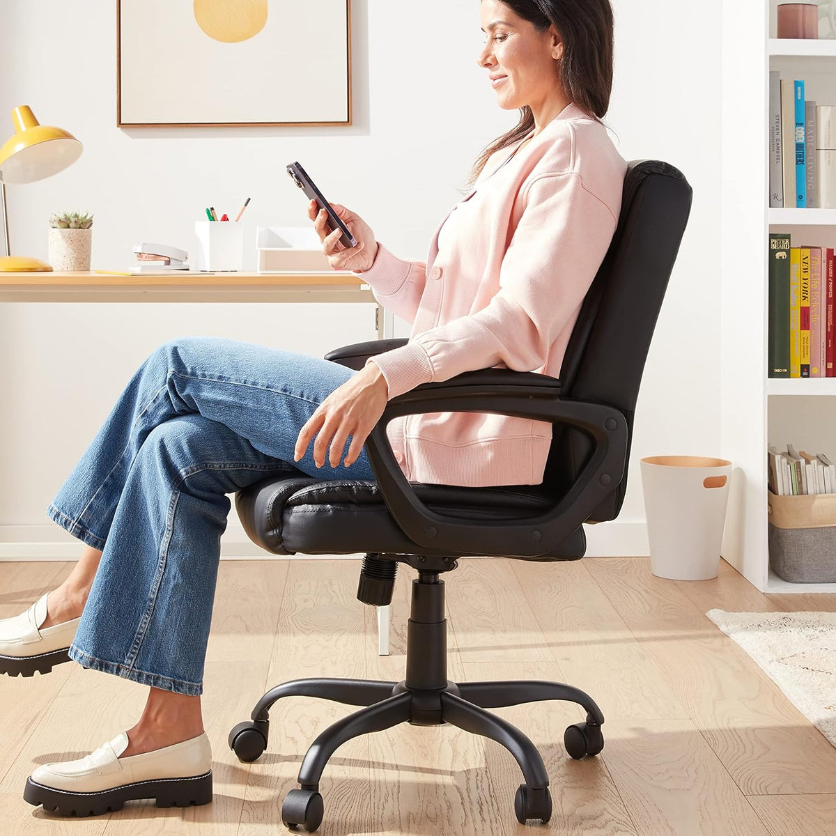 Puresoft PU Leather Office Chair – Black Mid-Back Adjustable Desk Chair with Armrests & Swivel Wheels, Ergonomic Computer Chair for Home Office & Study, 26"D x 23.75"W x 42"H